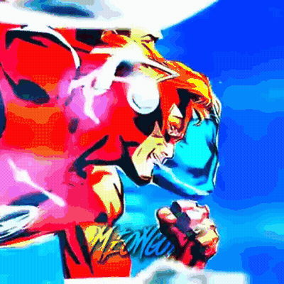 A Cartoon Of A Man In A Red And Blue Costume With A Blue Sky In The Background GIF