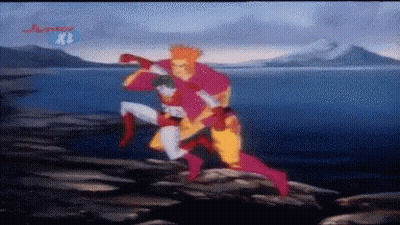 A Cartoon Of A Man In A Red Cape And A Woman In A White Cape With The Letters X On The Bottom GIF