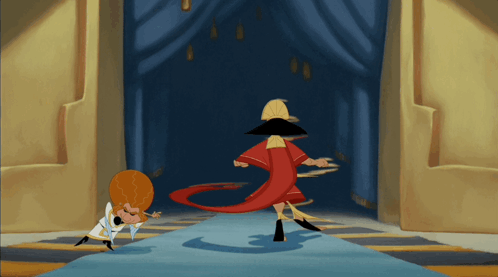 A Cartoon Of A Man In A Red Cape Walking Down A Carpet GIF