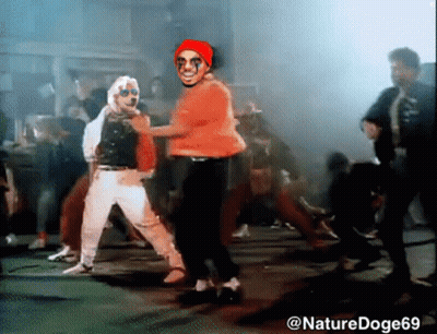 A Cartoon Of A Man In A Red Hat Dancing With A Group Of People GIF
