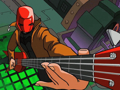 A Cartoon Of A Man In A Red Helmet Playing A Bass Guitar GIF