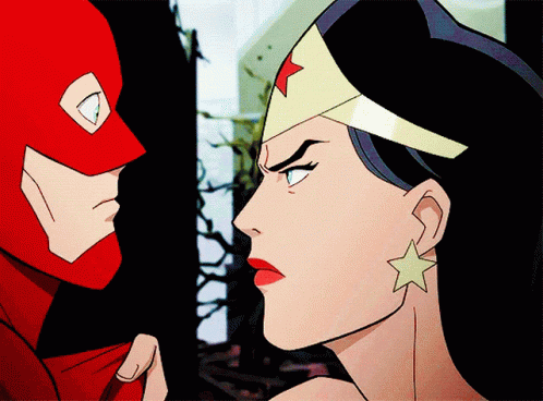 A Cartoon Of A Man In A Red Mask And A Woman With A Star On Her Head GIF