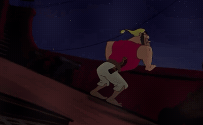 A Cartoon Of A Man In A Red Shirt Standing On A Roof At Night GIF