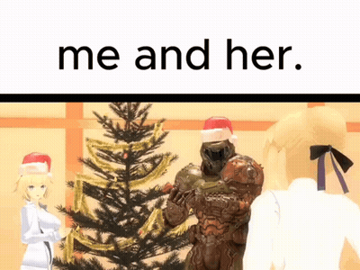 A Cartoon Of A Man In A Santa Hat Standing Next To A Christmas Tree With The Words Me And Her Above Him GIF