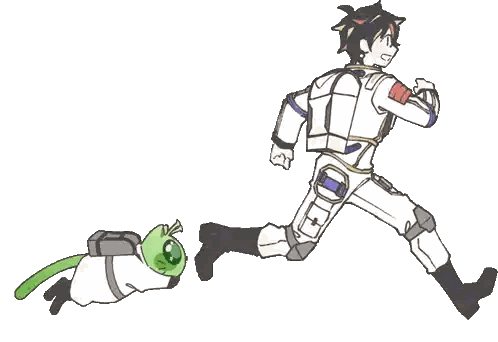 A Cartoon Of A Man In A Space Suit Running With A Green Alien Sticker