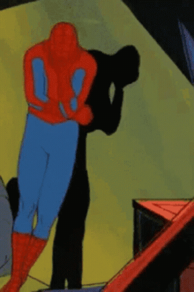 A Cartoon Of A Man In A Spiderman Costume Hugging Another Man In A Black Suit . GIF