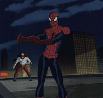 A Cartoon Of A Man In A Spiderman Costume Standing Next To Another Superhero GIF