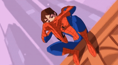 A Cartoon Of A Man In A Spiderman Suit Sitting On A Ledge GIF
