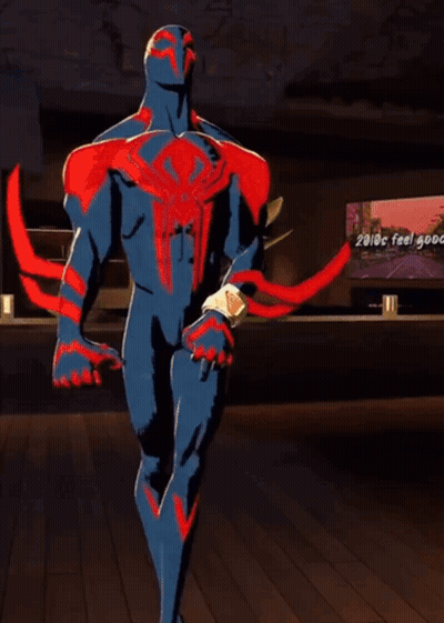 A Cartoon Of A Man In A Spiderman Suit With The Words Feel Good Mix On The Screen GIF