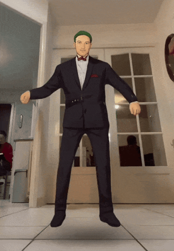 A Cartoon Of A Man In A Suit And Bow Tie Is Jumping In The Air GIF