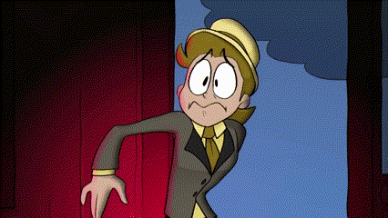 A Cartoon Of A Man In A Suit And Hat Is Standing In Front Of A Red Curtain GIF