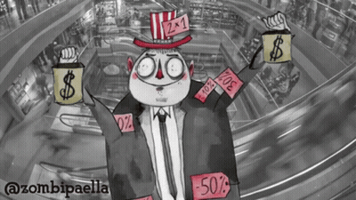 A Cartoon Of A Man In A Suit And Tie Holding A Sign That Says -50 % GIF