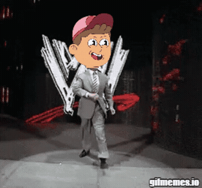 A Cartoon Of A Man In A Suit And Tie Is On A Stage With Gifmemes.io Written Below Him GIF