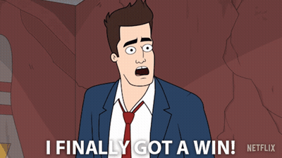 A Cartoon Of A Man In A Suit And Tie Saying I Finally Got A Win GIF