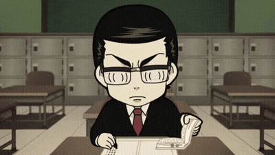 A Cartoon Of A Man In A Suit And Tie Sitting At A Desk Reading A Book GIF