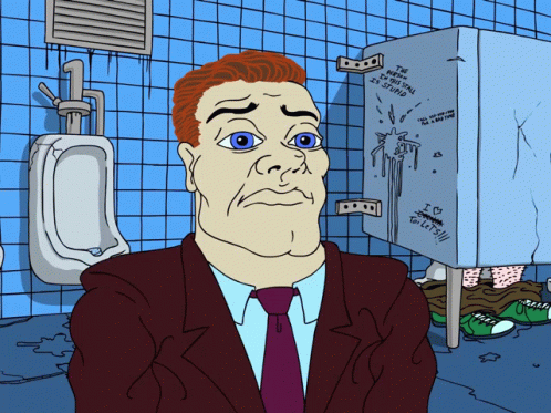 A Cartoon Of A Man In A Suit And Tie Standing In A Bathroom With Graffiti On The Urinals GIF