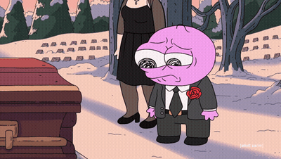 A Cartoon Of A Man In A Suit And Tie Standing Next To A Coffin With The Word Adult Swim On The Bottom GIF
