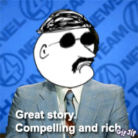 A Cartoon Of A Man In A Suit And Tie With The Words Great Story Compelling And Rich GIF