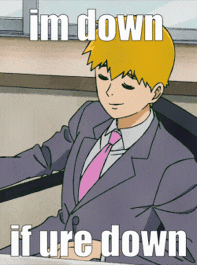 A Cartoon Of A Man In A Suit And Tie With The Words I 'M Down If Ure Down Below Him GIF