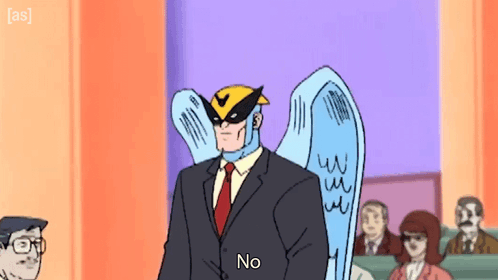 A Cartoon Of A Man In A Suit And Tie With Wings Saying No GIF