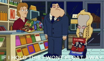 A Cartoon Of A Man In A Suit Holding A Bag Of Cat Food GIF