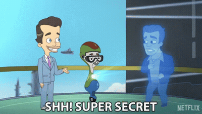 A Cartoon Of A Man In A Suit Standing Next To A Ghost With The Words " Shh Super Secret " On The Bottom GIF