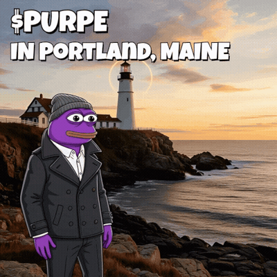A Cartoon Of A Man In A Suit Standing On A Cliff Near The Ocean With The Words Purpe In Portland Maine Above Him GIF