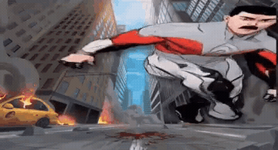 A Cartoon Of A Man In A Superhero Costume Jumping In The Air In A City . GIF