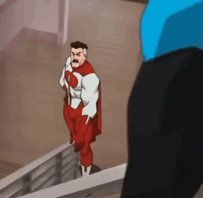 A Cartoon Of A Man In A Superhero Costume Standing On A Railing . GIF