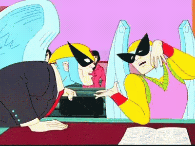 A Cartoon Of A Man In A Superhero Costume Talking To Another Man GIF