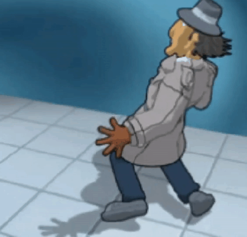 A Cartoon Of A Man In A Trench Coat And Hat Walking GIF