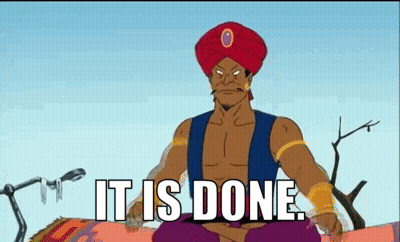 A Cartoon Of A Man In A Turban Sitting On A Carpet With The Words It Is Done Below Him . GIF
