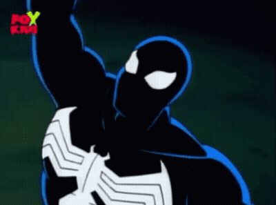 A Cartoon Of A Man In A Venom Suit Flying Through The Air With His Arms Outstretched . GIF