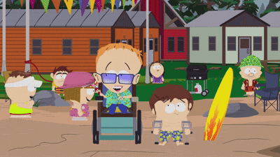 A Cartoon Of A Man In A Wheelchair With A Surfboard In Front Of Him GIF