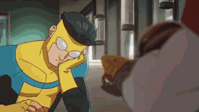 A Cartoon Of A Man In A Yellow And Blue Superhero Costume With Glasses Resting His Head On His Hand . GIF