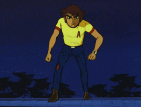 A Cartoon Of A Man In A Yellow Shirt With A Red Armband On His Arm GIF