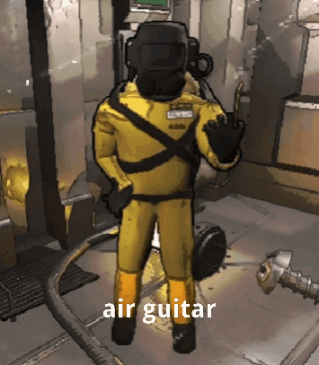 A Cartoon Of A Man In A Yellow Suit Giving The Middle Finger With The Words Air Guitar Below Him GIF