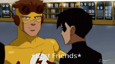 A Cartoon Of A Man In A Yellow Superhero Costume Talking To A Robin GIF