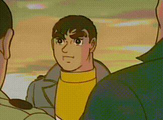 A Cartoon Of A Man In A Yellow Sweater Standing Next To Two Men . GIF