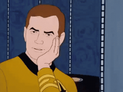 A Cartoon Of A Man In A Yellow Uniform With A Star Trek Logo On His Sleeve GIF