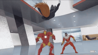 A Cartoon Of A Man In An Iron Man Suit Standing Next To A Man In A Falcon Suit GIF