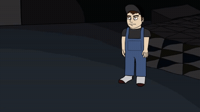 A Cartoon Of A Man In Blue Overalls Standing In The Dark GIF