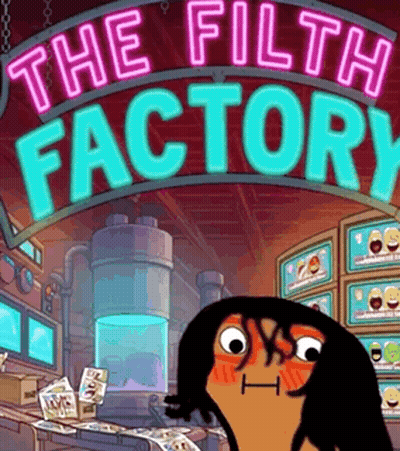 A Cartoon Of A Man In Front Of A Sign That Says The Filth Factory GIF