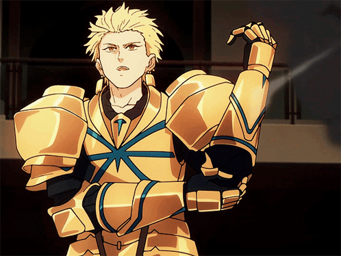 A Cartoon Of A Man In Gold Armor With A Blue Cross On His Chest GIF