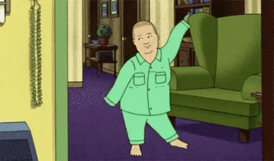 A Cartoon Of A Man In Pajamas Dancing In A Living Room . GIF