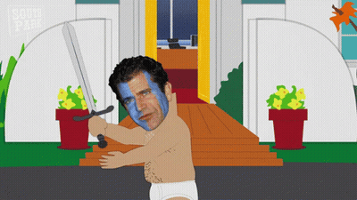 A Cartoon Of A Man In Underwear Holding A Sword In Front Of A South Park Sign GIF