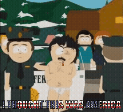 A Cartoon Of A Man In Underwear With The Words " I Thought This Was America " Below Him GIF
