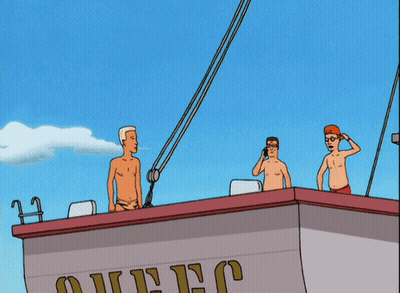 A Cartoon Of A Man Jumping Off A Boat With The Word Que On The Side GIF