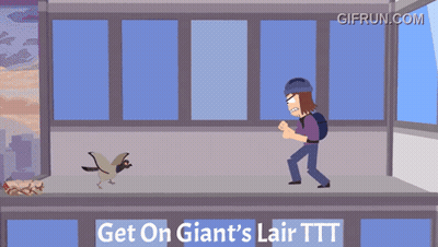 A Cartoon Of A Man Kicking A Bird With The Words Get On Giant 'S Lair Ttt Below Him GIF