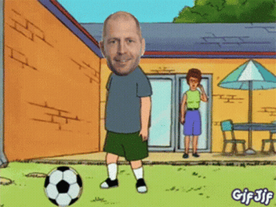 A Cartoon Of A Man Kicking A Soccer Ball With The Words Gif Jif On The Bottom Right GIF